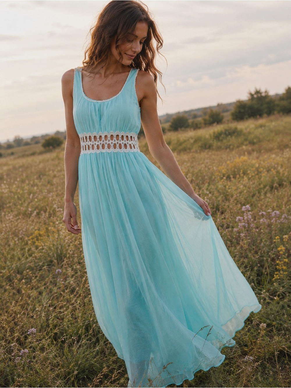 60s Vintage Maxi Dress - Nightdress | Empire Crochet Waist | Ethereal | Romantic